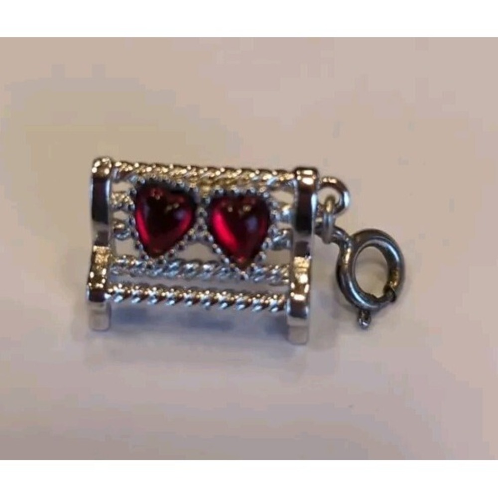 Vintage SILVER TONE Bracelet CHARM Love Park Bench With Two Hearts‎